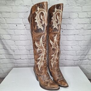 Dan Post Brown Distressed Stiched Over Knee Stacked Heel Cowboy Boot 7.5